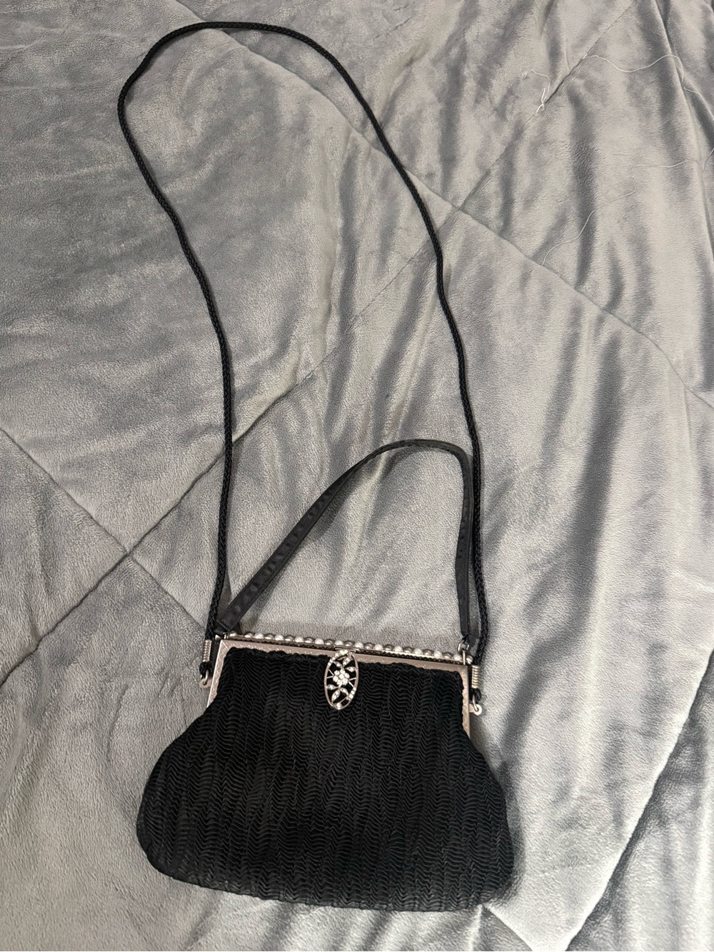 Kate Landry Small Black Beaded Evening Crossbody Bag with Silver Frame